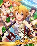  ahoge armband bass_guitar black_hair blonde_hair blue_eyes character_name fender_mustang flower guitar hair_flower hair_ornament hood hoodie ibuki_tsubasa idolmaster idolmaster_(classic) idolmaster_million_live! instrument jacket jazzmaster jewelry meadow microphone mogami_shizuka mountain multiple_girls music necklace official_art open_mouth orange_hair organ outdoors pink_eyes playing_instrument pocket puffy_short_sleeves puffy_sleeves short_hair short_sleeves signature sleeveless takatsuki_yayoi tokoro_megumi twintails yabuki_kana yellow_eyes 