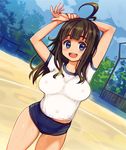  ahoge arms_up black_hair blue_eyes blush breasts buruma covered_navel covered_nipples cowboy_shot gym_uniform large_breasts long_hair looking_at_viewer motion_lines open_mouth original plump ryoji_(nomura_ryouji) smile solo stretch sweat 