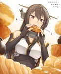  bangs bare_shoulders black_gloves black_hair bread breasts doughnut dutch_angle eating elbow_gloves enosan fingerless_gloves food gloves hair_between_eyes headgear highres kantai_collection large_breasts long_hair nagato_(kantai_collection) open_mouth red_eyes simple_background solo translated white_background 