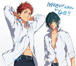  2boys abs blush boy free! high_speed! kirishima_ikuya looking_at_viewer multiple_boys muscle open_shirt shiina_asahi smile sweat undressing 