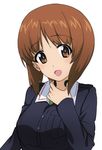  ashiwara_yuu brown_eyes brown_hair girls_und_panzer highres looking_at_viewer military military_uniform nishizumi_miho ooarai_military_uniform open_mouth short_hair smile solo throat_microphone uniform 