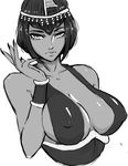  1girl ankh bare_shoulders black_dress black_hair blood blue_eyes bob_cut bracer breasts cleavage dark_skin dress eliza_(skullgirls) hagoromo halterneck large_breasts looking_at_viewer monochrome parted_lips shawl short_hair sideboob skullgirls solo tiara upper_body 