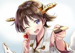  ;d blue_eyes brown_hair checkerboard_cookie cookie food hairband hiei_(kantai_collection) kakao_rantan kantai_collection nontraditional_miko one_eye_closed open_mouth ribbon-trimmed_sleeves ribbon_trim short_hair smile solo 