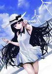  black_hair blue_eyes blue_sky cloud day dress hat highres long_hair looking_at_viewer original sky smile solo sun_hat toka_(marchlizard) white_dress wind_turbine windmill 