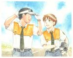  1girl adjusting_clothes adjusting_hat black_eyes black_hair cloud dated eye_contact gloves graphite_(medium) hat helmet izumi_noa kidou_keisatsu_patlabor looking_at_another looking_back muted_color necktie open_mouth red_hair road shinohara_asuma short_hair sky smile street traditional_media uniform upper_body ususionorisio visor_cap walking watch watercolor_(medium) white_gloves wristwatch 