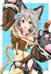  :3 ahoge animal_ears bare_shoulders belt blush braid breasts brown_eyes center_opening claw_(weapon) collar erune fangs gloves granblue_fantasy grey_hair long_hair looking_at_viewer medium_breasts nayuhi_(yukimuu14) open_mouth sen_(granblue_fantasy) side_cutout simple_background sleeveless solo upper_body v-shaped_eyebrows very_long_hair weapon 