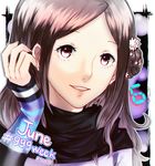  brown_hair flower hair_flower hair_ornament hand_in_hair kurashiki_akane kyokugen_dasshutsu kyokugen_dasshutsu:_9_jikan_9_nin_9_no_tobira looking_at_viewer ryan_(stepde14) scarf smile solo teeth 