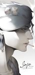  adam's_apple black_hair blue_eyes cigarette copyright_name earrings face from_side hat ishida_shouji jewelry jojo_no_kimyou_na_bouken kuujou_joutarou male_focus neck profile sideways_hat smoke smoking solo tank_top 