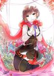  black_hair cape emo_(ricemo) flower looking_at_viewer pantyhose red_hair rose ruby_rose rwby short_hair solo 