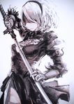  absurdres bangs black_dress blindfold blurry breasts cleavage_cutout commentary_request cowboy_shot dress gloves hairband highres medium_breasts mole mole_under_mouth nier_(series) nier_automata nonokuro puffy_sleeves short_hair simple_background sketch solo sword weapon yorha_no._2_type_b 