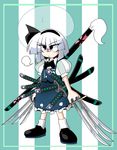  :&lt; black_hairband closed_mouth commentary_request ghost hair_ribbon hairband katana kieyza konpaku_youmu konpaku_youmu_(ghost) multiple_swords puffy_sleeves ribbon sheath sheathed short_hair short_sleeves silver_hair solo sweatdrop sword touhou v-shaped_eyebrows vest weapon 