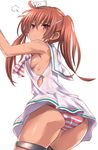  :&lt; ahoge arms_up ass bare_shoulders blush body_blush breasts closed_mouth cowboy_shot dress fume hair_ribbon hat kantai_collection libeccio_(kantai_collection) long_hair looking_to_the_side mini_hat necktie orange_hair panties red_eyes ribbon sailor_collar sailor_dress sideboob simple_background sleeveless sleeveless_dress small_breasts solo striped striped_neckwear striped_panties tai_(nazutai) thigh_strap thighs twintails underwear white_background white_dress white_hat 