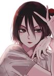  1boy androgynous black_hair brown_eyes eyelashes fruit jaibo_(litchi_hikari_club) knife litchi_hikari_club lychee male_focus maruino simple_background smile solo white_background white_shirt 