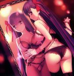  ass bare_shoulders bb_(fate)_(all) bb_(fate/extra_ccc) black_legwear black_panties bow bow_panties bra breasts cleavage different_reflection dutch_angle fate/extra fate/extra_ccc fate_(series) from_behind front-tie_top gloves grin hair_ribbon hand_on_mirror hand_up highres holding holding_hair koyama_hirokazu lace lace-trimmed_panties large_breasts light lingerie long_hair looking_at_viewer looking_back mirror multicolored multicolored_bra multicolored_clothes multicolored_panties naughty_face panties pink_bra pink_panties profile purple_eyes purple_hair reflection ribbon scan sideboob smile solo standing strap_gap thighhighs underwear underwear_only very_long_hair white_gloves 