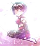  1girl belt black_hair blush breasts choker elbow_gloves gloves midriff one_eye_closed purple_eyes rutee_katrea shoes short_hair short_shorts shorts smile tales_of_(series) tales_of_destiny thighhighs wink 