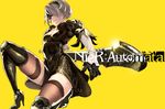  black_dress black_footwear black_gloves black_legwear blindfold boots breasts cleavage copyright_name dress gloves grey_hair high_heel_boots high_heels highres laio mole mole_under_mouth nier_(series) nier_automata one_knee puffy_sleeves short_hair simple_background small_breasts solo thigh_boots thighhighs weapon yellow_background yorha_no._2_type_b 