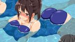  ass breasts brown_eyes brown_hair embarrassed large_breasts maron_maron_(circle) nanika_iru one-piece_swimsuit pool school_swimsuit swimsuit tagme water 