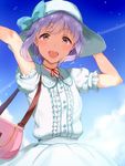  :d arms_up bag bangs bow brown_eyes center_frills choker cloud condensation_trail day dress frilled_sleeves frills hair_ornament hairclip hand_on_headwear hat hat_bow idolmaster idolmaster_cinderella_girls koshimizu_sachiko looking_at_viewer open_mouth puffy_short_sleeves puffy_sleeves purple_hair ribbon_choker sakamuke short_hair short_sleeves sky smile solo sun_hat sundress tareme white_dress 