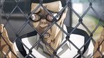  animated animated_gif black_hair fence glasses insane morokuzu_takehito open_mouth prison_clothes prison_school sweat 