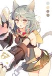  animal_ears argyle_cutout armlet bangs belt blush braid breasts center_opening claw_(weapon) collar color_guide cowboy_shot elbow_gloves erune eyebrows eyebrows_visible_through_hair gloves granblue_fantasy hair_between_eyes hood long_hair looking_at_viewer looking_to_the_side mayachi_(amuriya) medium_breasts midriff miniskirt open_mouth orange_eyes outstretched_arms paw_gloves paws pleated_skirt sen_(granblue_fantasy) sideboob silver_hair single_braid skirt sleeveless solo sweatdrop thighs weapon 