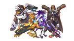  armor avian bird canary cloak clothing eyewear female glasses goggles gun handgun hood male okanmeinko_(artist) overwatch pistol ranged_weapon reaper shotgun simple_background tracer vulture weapon widowmaker winston 