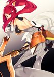  1girl arc_system_works armor armored_dress back backless_outfit bare_shoulders blazblue breasts frown hair_ornament hyakuhachi_(over3) izayoi_(blazblue) large_breasts long_hair looking_at_viewer pantyhose ponytail purple_eyes red_hair shiny shiny_hair shiny_skin showgirl_skirt sideboob solo sword thighhighs tsubaki_yayoi weapon 