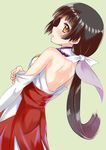  absurdres amayadori_machi bare_back blush brown_eyes brown_hair from_side green_background hakama highres japanese_clothes koukoku kumamiko long_hair low_ponytail md5_mismatch miko outfit_4_(kumamiko) red_hakama simple_background solo 