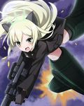  animal_ears blonde_hair cat_ears explosion gloves gun heinrike_prinzessin_zu_sayn-wittgenstein hirschgeweih_antennas long_hair looking_at_viewer military military_uniform noble_witches open_mouth shell_casing solo striker_unit tirotata uniform weapon weapon_request world_witches_series yellow_eyes 