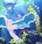  bad_id bad_pixiv_id benmiaobituona blue_eyes blue_footwear blue_hair boots bubble dress dress_shirt frilled_skirt frills hair_bobbles hair_ornament hat highres kawashiro_nitori key light_rays lily_pad long_sleeves looking_at_viewer navel plant rubber_boots shirt short_hair short_twintails skirt skirt_set solo touhou twintails two_side_up underwater white_shirt wrench 