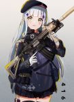  1girl assault_rifle bangs beret black_legwear blunt_bangs blush breasts character_name clothes_writing commentary_request cowboy_shot eyebrows_visible_through_hair facial_mark girls_frontline gloves gradient gradient_background green_eyes gun hair_ornament hat heckler_&amp;_koch highres hk416 hk416_(girls_frontline) holding holding_gun holding_weapon jacket kinoruru_toiro long_hair looking_at_viewer magazine_(weapon) medium_breasts open_mouth plaid plaid_skirt pleated_skirt rifle silver_hair skirt solo teardrop thigh_pouch thigh_strap thighhighs trigger_discipline very_long_hair weapon 