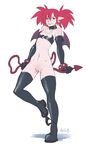  2016 arbuzbudesh armwear clothed clothing collar demon disgaea ear_piercing etna female flat_chested gloves hair humanoid legwear looking_at_viewer membranous_wings navel panties panties_around_legs panties_down piercing pussy red_eyes red_hair simple_background skull smile solo spade_tail succubus teeth thigh_highs underwear video_games white_background wings 