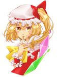  ascot blonde_hair blush closed_mouth crystal face flandre_scarlet hat hat_ribbon highres looking_at_viewer mob_cap portrait puffy_sleeves ribbon shimako shirt short_sleeves side_ponytail simple_background smile solo touhou vest white_background wrist_cuffs yellow_eyes 