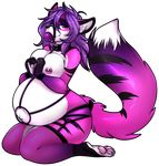  ball_gag bdsm belly big_belly big_breasts bondage bound breasts canine clothing cuffs_(disambiguation) female fox fur gag hair legwear looking_at_viewer madamsquiggles mammal pink_fur pregnant purple_hair selene sitting stockings wide_hips 