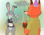  2016 anthro bdsm beverage birthday bottomless breasts buckteeth canine clothed clothing cup disney duo english_text female food fox fur gloves_(marking) half-closed_eyes handcuffs hat imminent_sex judy_hopps lagomorph male mammal markings naughty navel nick_wilde party_hat police purple_eyes pussy rabbit rear_view shackles shirt simple_background small_breasts smile teeth text unknown_artist zootopia 
