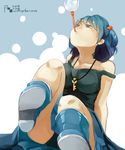  arm_support artist_name bare_shoulders black_panties blue_eyes blue_footwear blue_hair boots breasts bubble bubble_background bubble_blowing clothes_around_waist collarbone dated fuyu_banana hair_bobbles hair_ornament highres jewelry kawashiro_nitori key key_necklace large_breasts leg_up looking_up mouth_hold no_hat no_headwear panties rubber_boots shirt shirt_around_waist short_hair sitting solo strap_slip tank_top touhou two_side_up underwear 