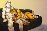  anthro ball_fondling balls canine coyote duo erection fondling foreplay green_eyes hair knot male male/male mammal nude penis romantic_couple slightly_chubby sofa tsaiwolf wolf 