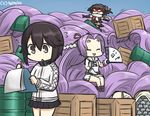  absurdly_long_hair box clipboard commentary crate dated drum_(container) elbow_gloves fan flying_sweatdrops gloves hair_intakes hair_ornament hamu_koutarou hatsuharu_(kantai_collection) hayasui_(kantai_collection) holding holding_fan jacket kantai_collection long_hair mask multiple_girls ponytail purple_hair remodel_(kantai_collection) scarf sendai_(kantai_collection) short_hair skirt sleeveless smile steel_ingot too_many track_jacket two_side_up very_long_hair white_scarf writing 