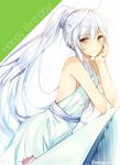  arm_support breasts elbow_rest hair_between_eyes happy_birthday light_smile long_hair mishima_kurone original ponytail red_eyes shirokami_project sideboob silver_hair small_breasts solo tierra_azur twitter_username very_long_hair 