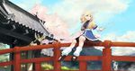  arm_warmers bird blonde_hair blue_sky cherry_blossoms cloud day green_eyes highres kinketsu leg_warmers mizuhashi_parsee open_mouth petals pointy_hair sash shirt sitting sitting_on_railing skirt sky smile solo touhou tree water waterfall 