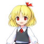  blonde_hair blouse commentary_request ebizome hair_ribbon highres long_sleeves looking_at_viewer parted_lips red_eyes ribbon rumia short_hair simple_background smile solo touhou upper_body vest white_background 