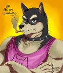  2016 anthro biceps blush bone canine chest_tuft claws clothed clothing dog doggo english_text eyewear fur glasses male mammal muscular shade_the_wolf simple_background solo text tuft undertale video_games 
