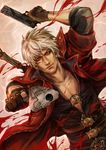  blood capcom dante_(devil_may_cry) devil_may_cry devil_may_cry_4 gun highres jacket male_focus red_jacket silver_hair solo weapon white_hair 