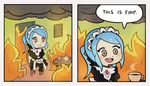  apron blue_hair chair comic cup english fire fire_emblem fire_emblem_if flora_(fire_emblem_if) grey_eyes gunshow_(comic) long_hair maid maid_apron maid_headdress open_mouth parody smile smoke speech_bubble splashbrush spoilers table teacup teapot this_is_fine twintails 