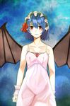  absurdres bad_id bad_pixiv_id bare_arms bare_shoulders bat_wings blue_background blue_hair collarbone crying crying_with_eyes_open hairband highres lolita_hairband looking_at_viewer nightgown rain red_eyes remilia_scarlet ribbon scroll_lock_(scrool5) short_hair sleeveless solo tears touhou wet wings wrist_cuffs 