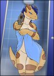  2016 angry anthro blue_eyes blue_hair blush breasts covering covering_self female gun hair lizard looking_at_viewer ranged_weapon reptile saphira_(procene) scalie shower solo standing towel vader-san weapon wet 