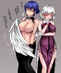  :3 adapted_costume aoshima bare_shoulders black_gloves blue_hair blush braid breasts china_dress chinese_clothes cleavage closed_eyes commentary doremy_sweet dress embarrassed feathered_wings gloves hair_bun highres kishin_sagume large_breasts multiple_girls navel no_nipples pelvic_curtain red_eyes short_hair side_slit simple_background single_wing standing sweatdrop touhou translated white_gloves white_hair white_wings wing_hug wings yuri 