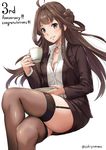  ahoge anniversary artist_name bangs blunt_bangs blush breasts brown_hair brown_jacket brown_legwear brown_skirt buckle buttons cleavage collarbone collared_shirt crossed_legs cup dress_shirt english fingernails formal garter_straps hair_intakes holding holding_cup jacket kantai_collection kongou_(kantai_collection) long_fingernails long_hair looking_at_viewer office_lady open_clothes open_jacket pencil_skirt purple_eyes sakiyamama saucer shirt simple_background sitting skirt small_breasts solo suit teacup thighhighs thighs very_long_hair white_background white_shirt zettai_ryouiki 