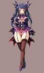  ass_visible_through_thighs black_hair blush breasts brown_background cleavage collar corruption dark_persona garter_straps gloves highres large_breasts long_hair magical_girl original pubic_tattoo red_eyes solo tattoo thighhighs thong torisan twintails 