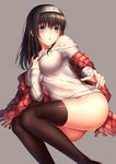  black_hair blue_eyes blush breasts grey_background hairband idolmaster idolmaster_cinderella_girls large_breasts long_hair looking_at_viewer off-shoulder_sweater open_mouth ribbed_sweater sagisawa_fumika shawl simple_background solo sweater thighhighs thighs yomono 