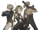  2boys agrias_oaks armor blonde_hair braid brown_eyes final_fantasy final_fantasy_tactics gloves gun handgun knight long_hair looking_at_viewer multiple_boys mustadio_bunansa pistol planted_sword planted_weapon ponytail pr ramza_beoulve single_braid sword weapon 